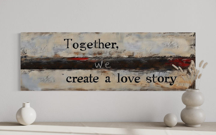 Horizontal canvas art with the quote "Together, we create a love story" on a textured background.