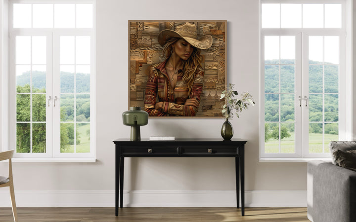 Cowgirl Portrait In Hat Framed Canvas Wall Art above table