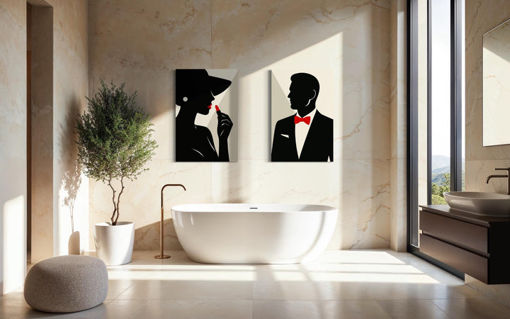 Classy Bathroom Wall Art – Elegant Couple Silhouettes Set, Black White Red Modern Canvas Prints