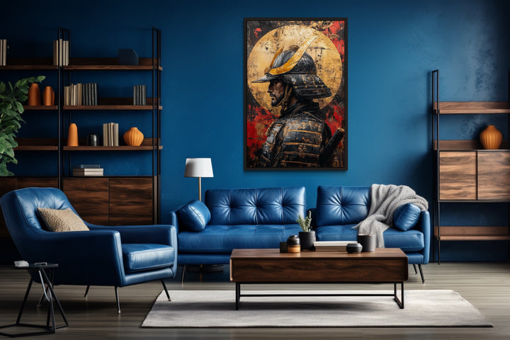 Modern Samurai Portrait With Full Moon Framed Canvas Wall Art in man cave