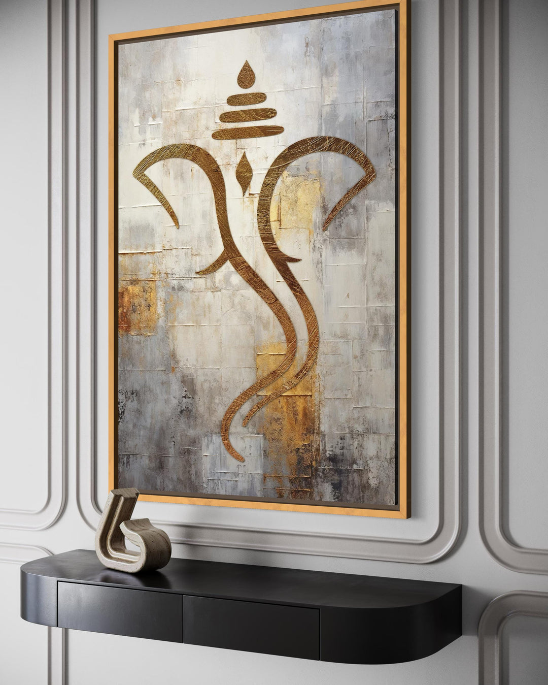 Minimalist gold Lord Ganesha outline on a textured white and silver canvas in a gold frame.