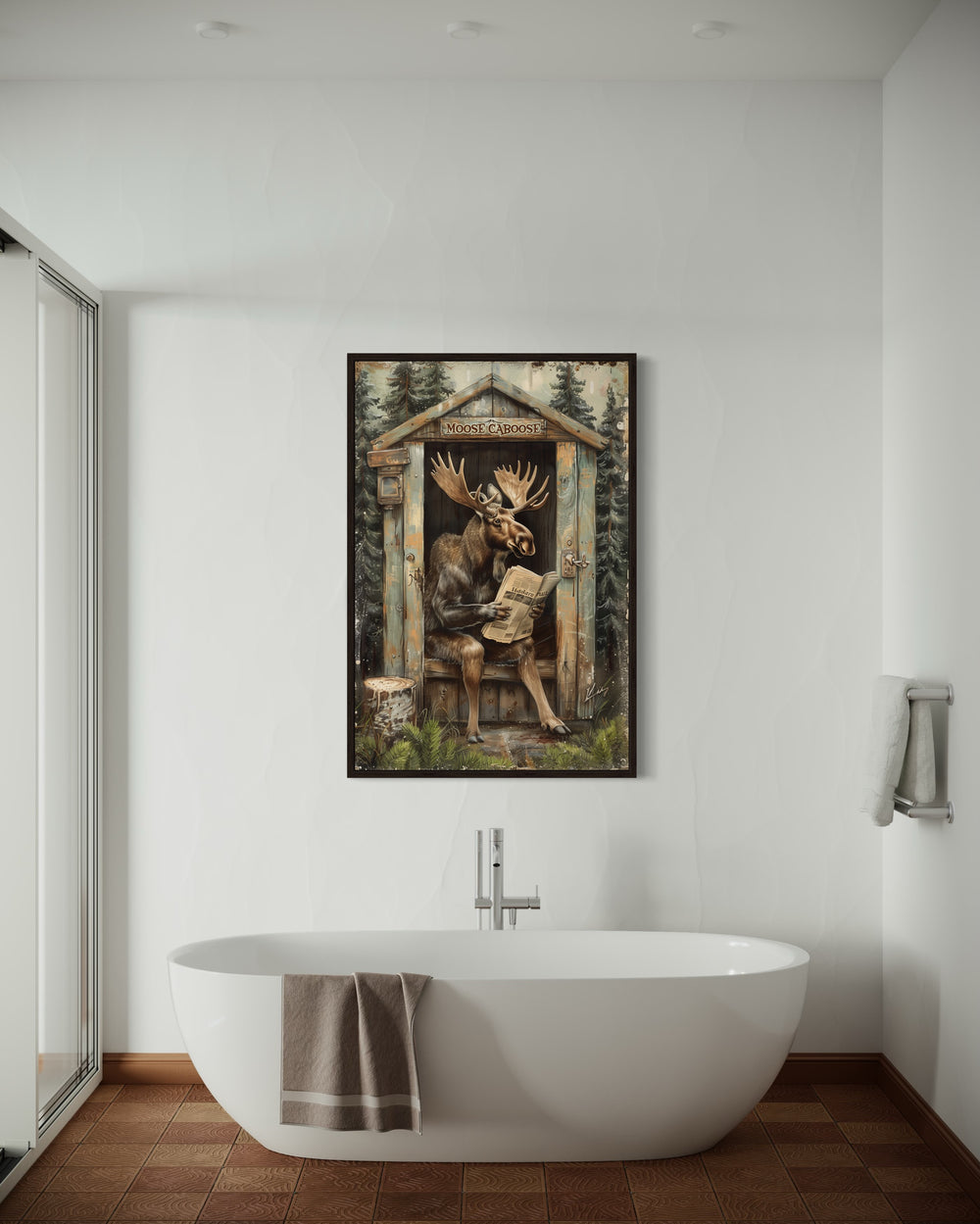 Moose In Outhouse Toilet In The Forest Reading Newspaper Wall Art over white bathtub