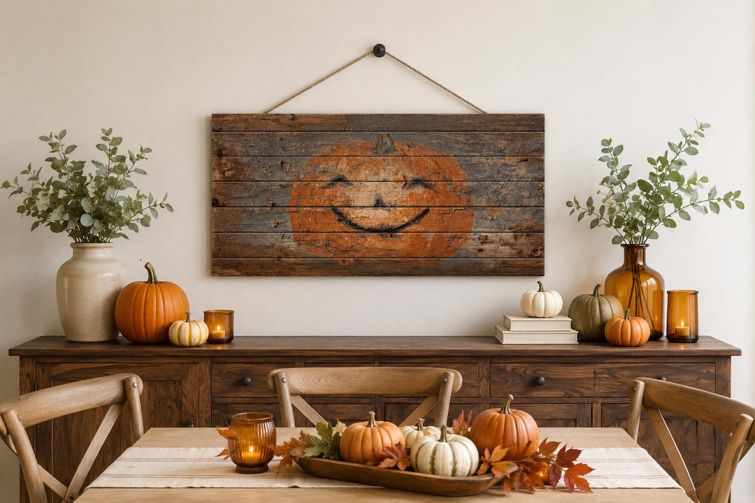 Rustic wood wall art featuring a hand-painted, smiling orange pumpkin on weathered gray planks.