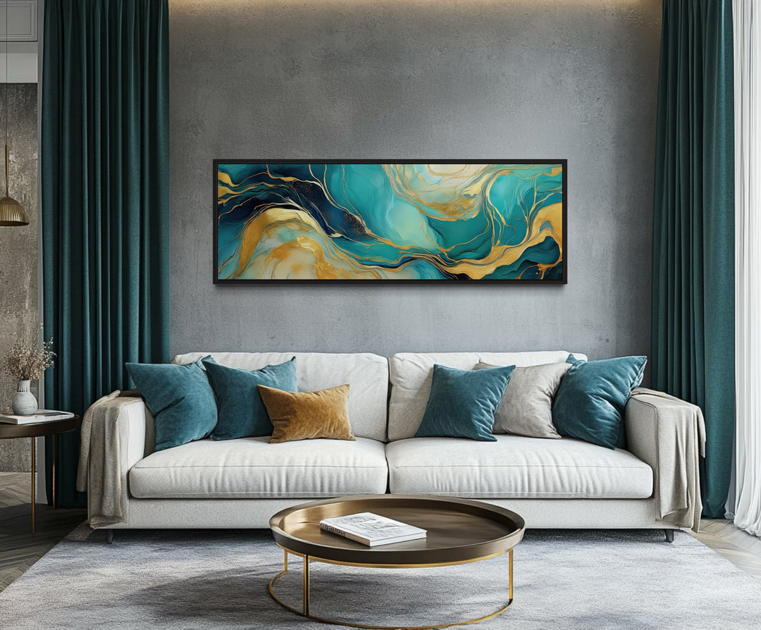 Teal Gold Mable Style Long Narrow Framed Canvas Wall Art in a teal living room filled with a couch and a coffee table