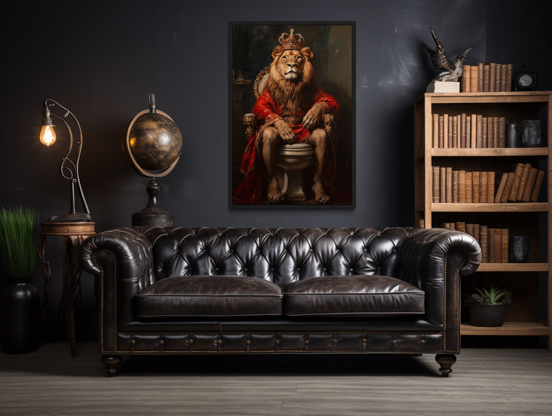 Royal Lion With Crown Sitting on Toilet Framed Canvas Wall Art