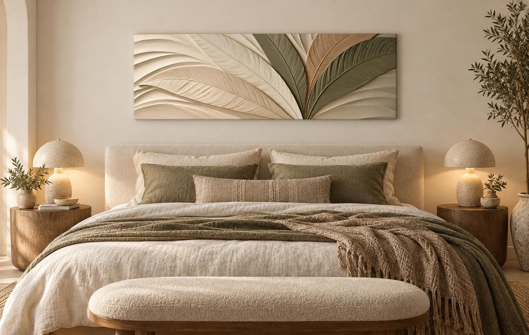 Sculptural Palm Leaf Canvas Print in Warm Cream, Olive, and Tan Tones Above Bed Decor