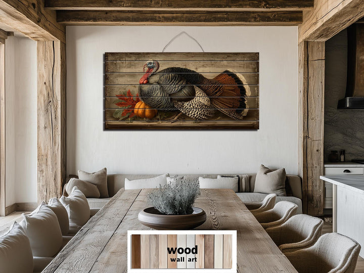 Rustic Thanksgiving Turkey With Pumpkins Distressed Wood Wall Art