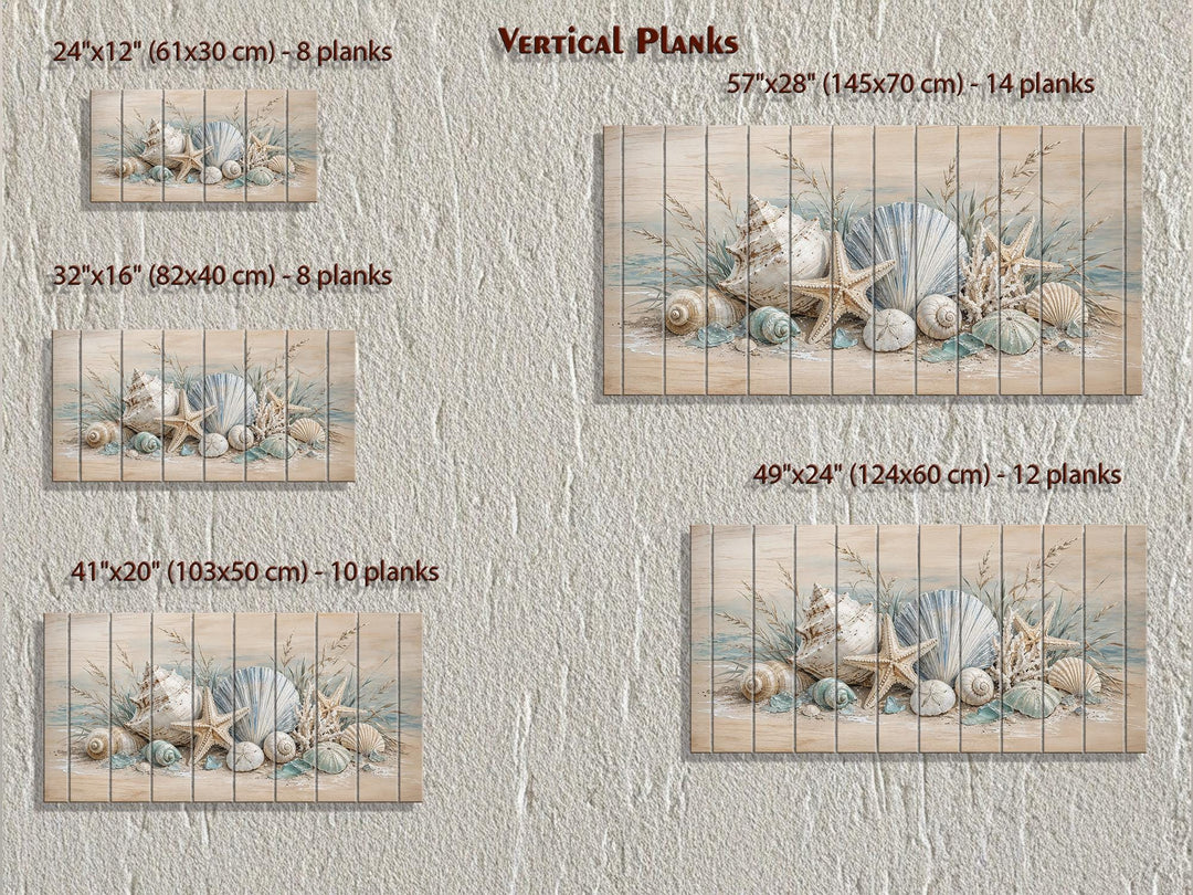 Five sizes of vertical plank wall art featuring seashells and starfish in a coastal beach style.