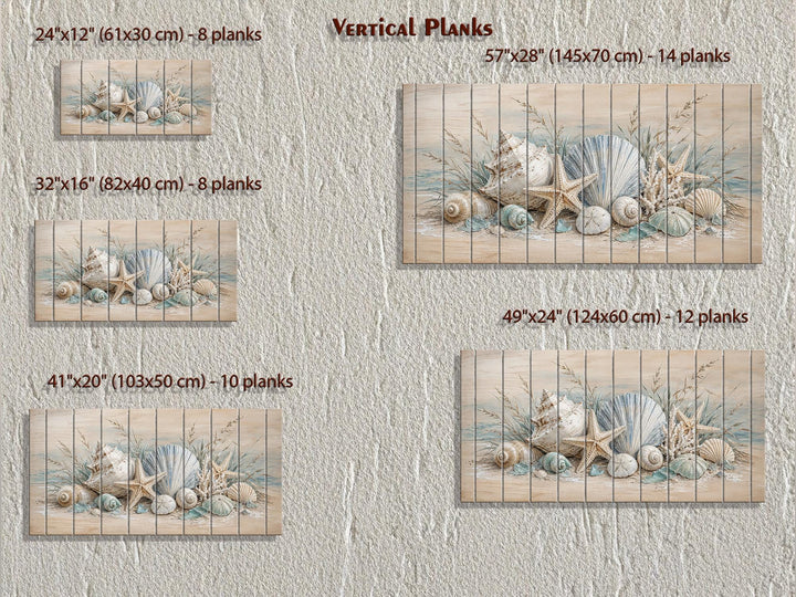 Five sizes of vertical plank wall art featuring seashells and starfish in a coastal beach style.