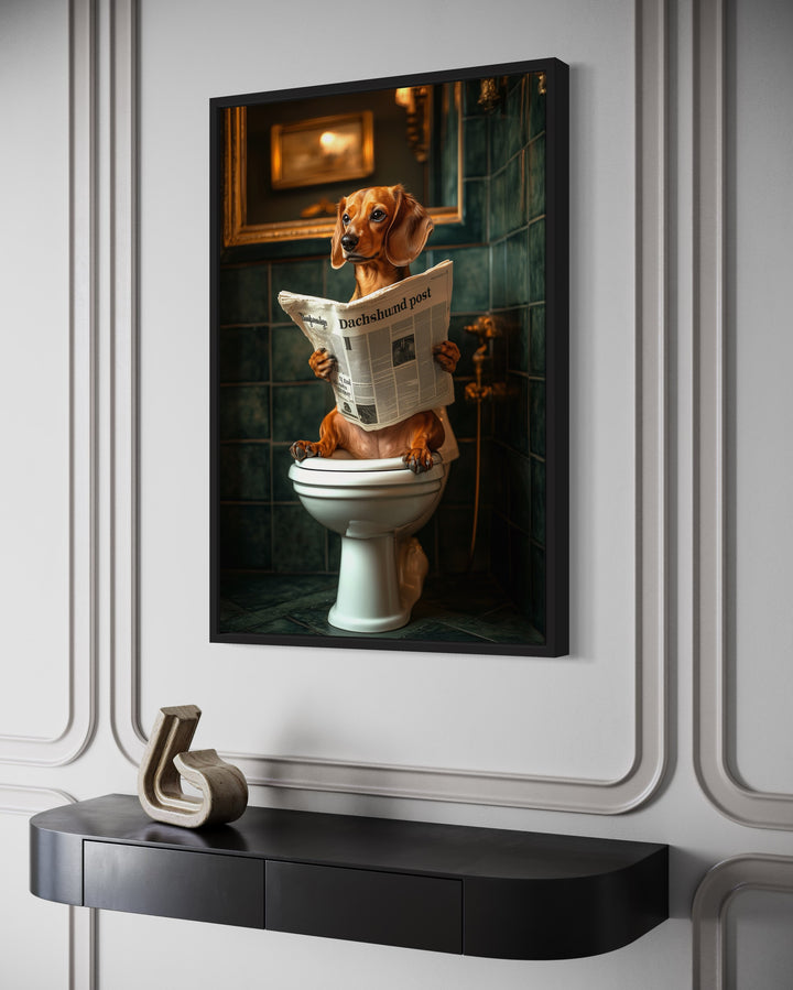 Red Dachshund On The Toilet Reading Newspaper Picture side view