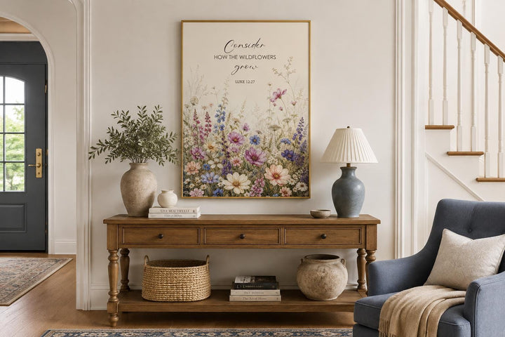 Wildflower watercolor art with Luke 12:27 scripture in a gold frame above a wooden console table.