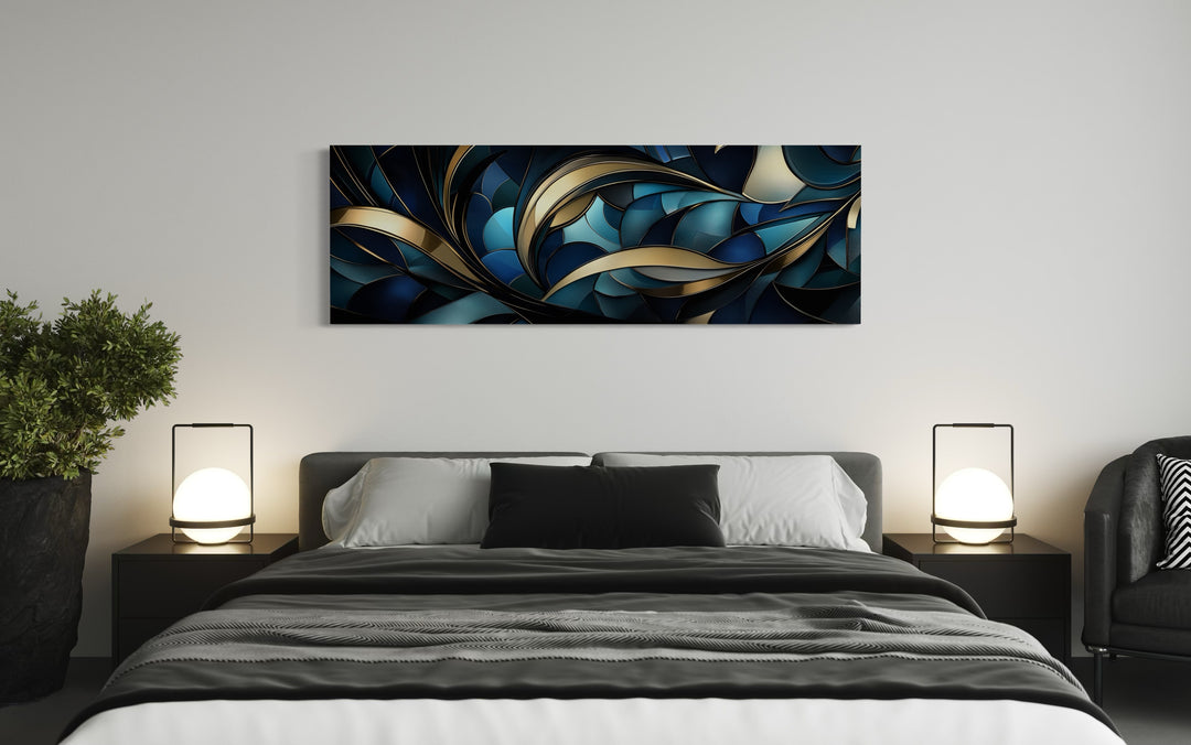 Art Decor Long Horizontal Blue Gold Framed Canvas Wall Art above bed