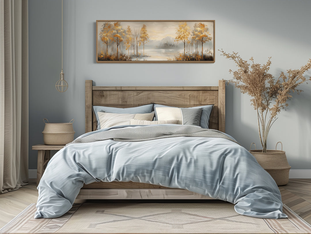 Golden Autumn Forest Panoramic Canvas Wall Art in the bedroom