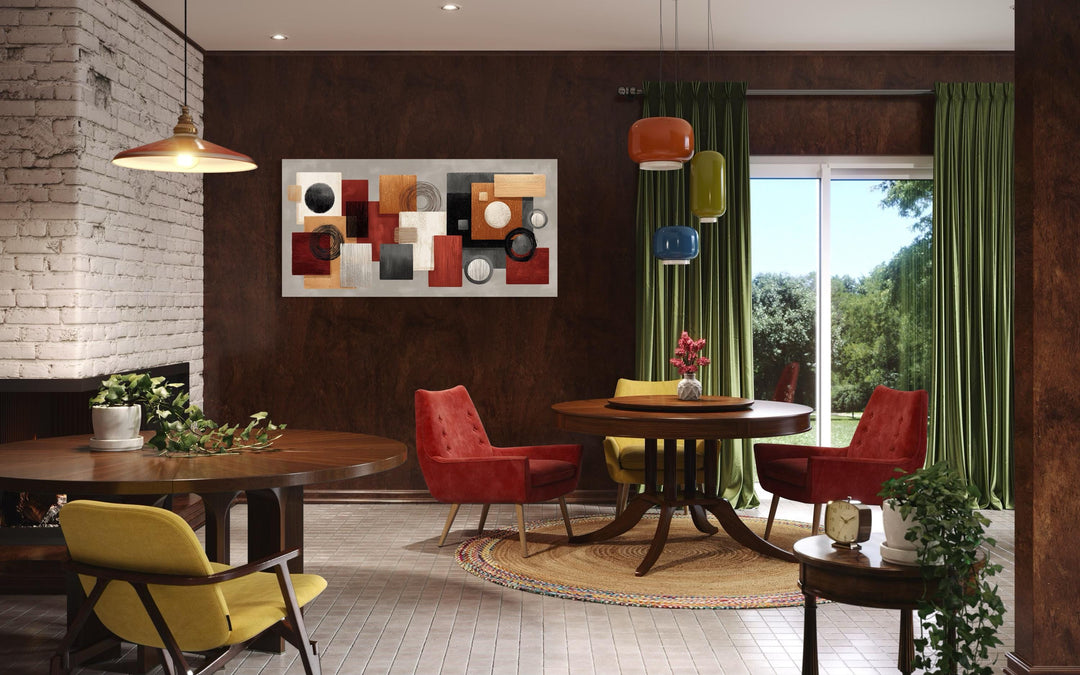 Modern Geometric Abstract  Red, Black, Beige and Orange Shapes Canvas Wall Art
