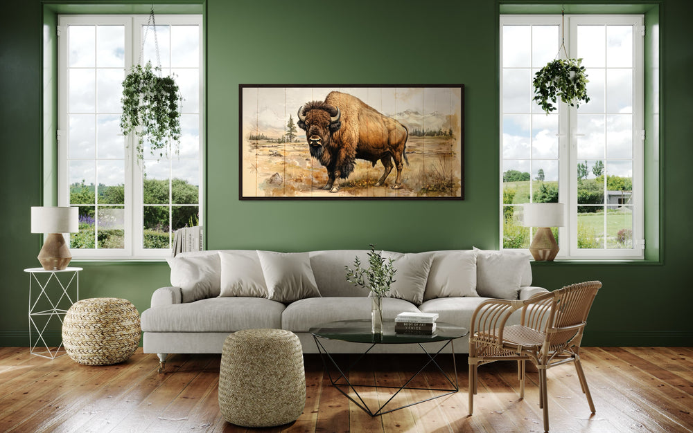 American Bison In Yellowstone National Park Framed Canvas Wall Decor in living room