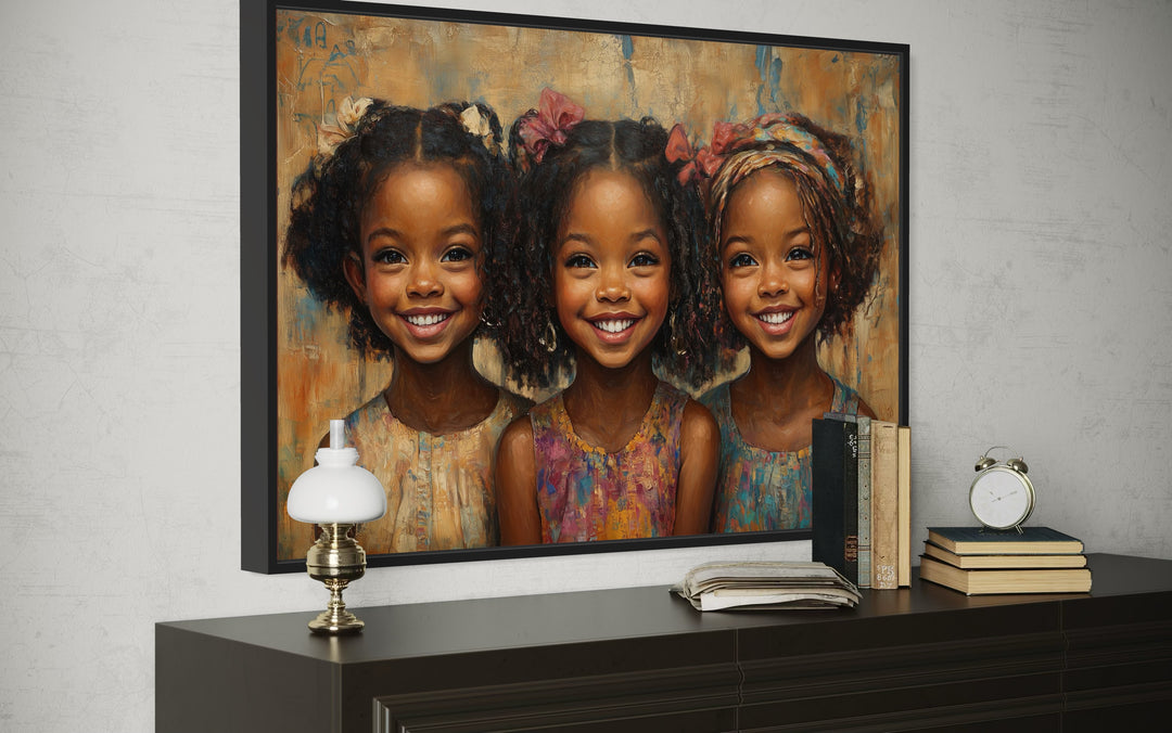 Three Happy Black Girls Smiling Framed Canvas Wall Art side view