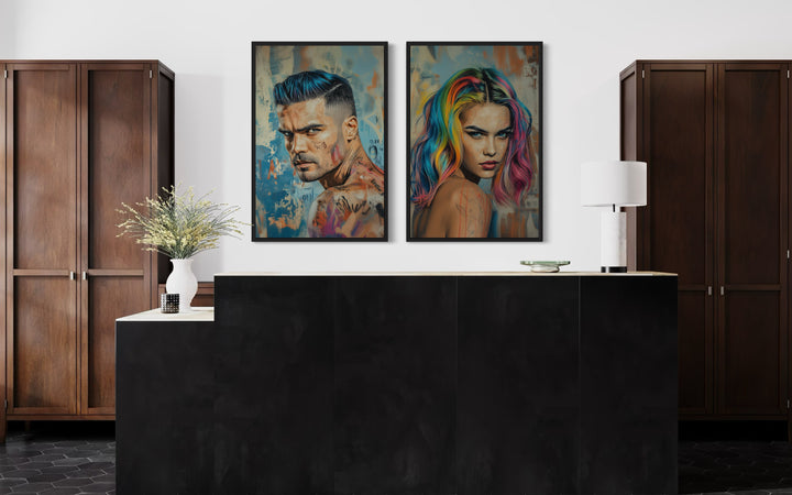 Set Of Two Man And Woman With Rainbow Hair In the salon