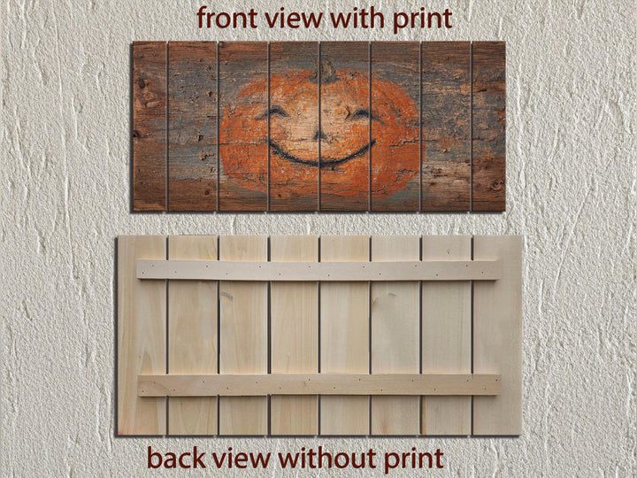 Front and back views of a rustic wood plank wall art featuring a distressed orange pumpkin face.