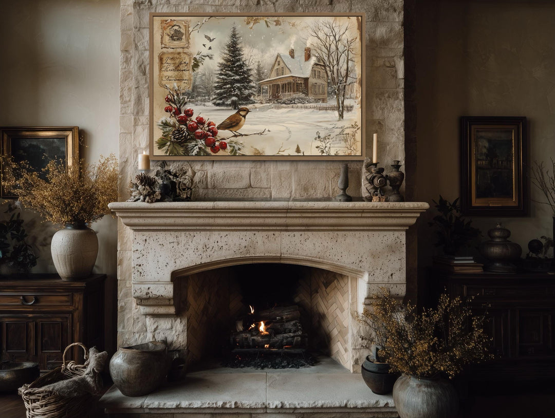 Vintage Christmas Postcard And Winter Bird and House Canvas Wall Art