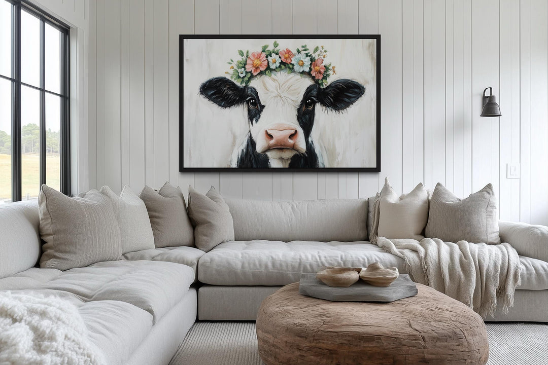 Cow With Floral Wreath Canvas Wall Art – Rustic Farmhouse Floral Decor
