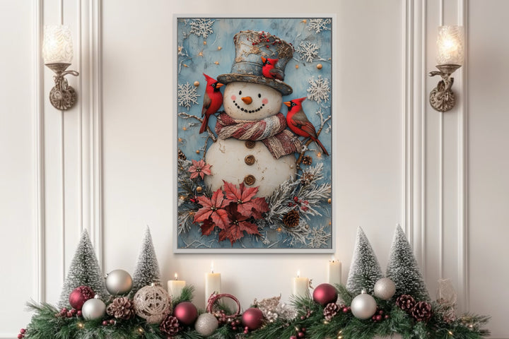 Snowman With Red Cardinals Framed Canvas Wall Art