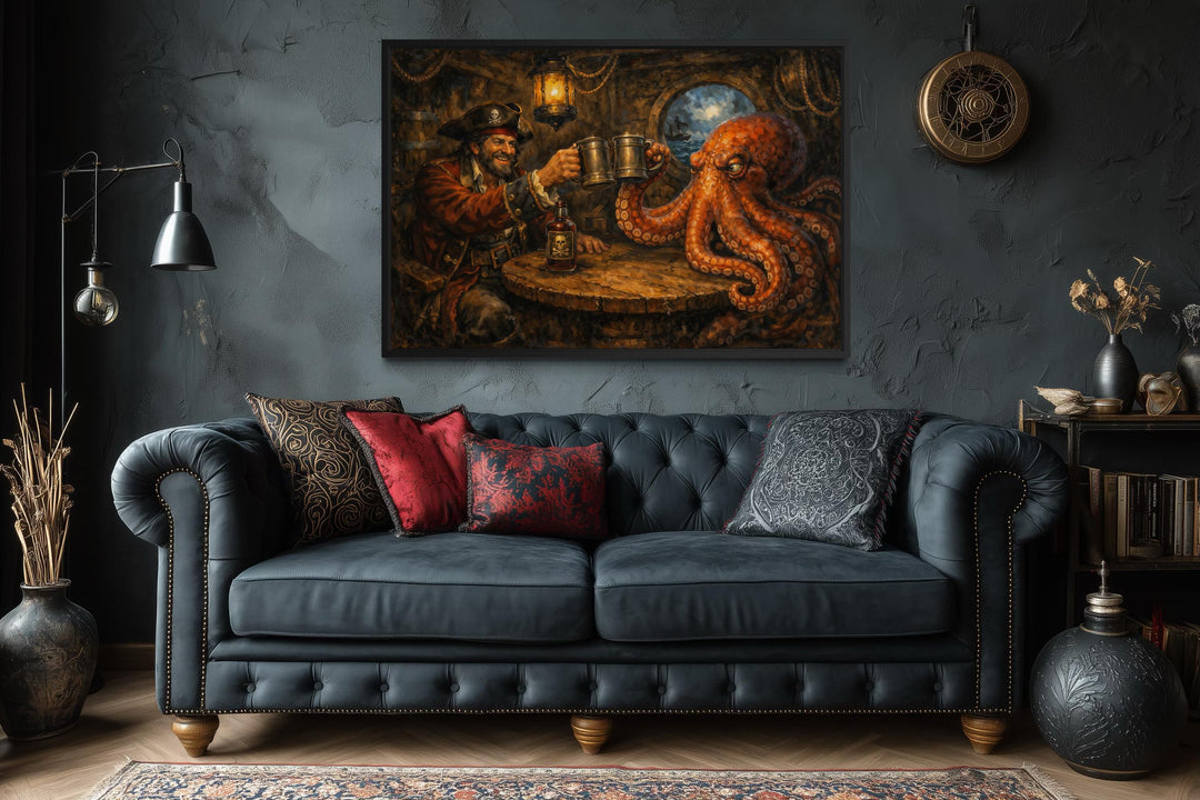 Bar wall art featuring a pirate and octopus drinking rum in a nautical canvas print.