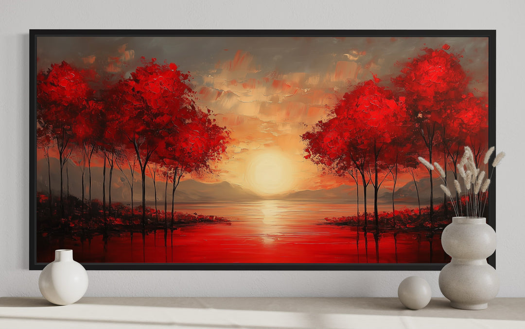 Red Trees At Sunrise Framed Canvas Wall Art For Red Walls close up