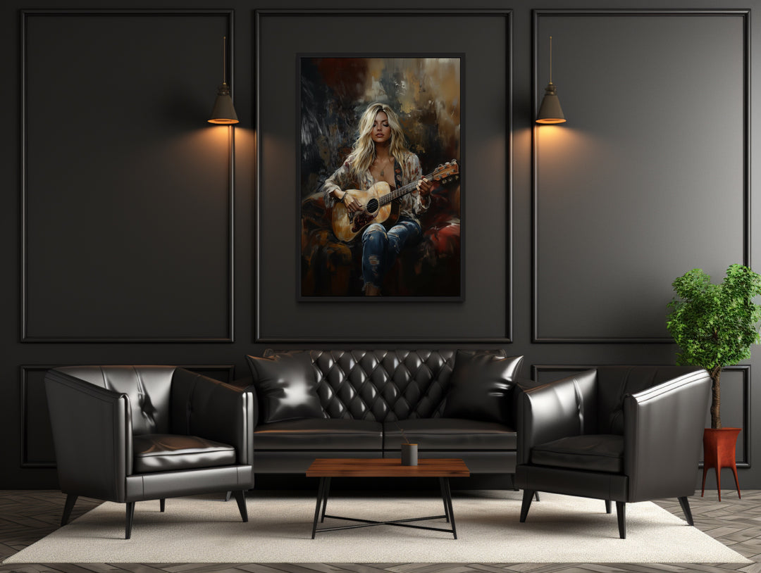 Beautiful Blonde Girl Playing Guitar Framed Canvas Wall Art above couch in music room