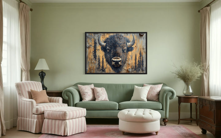 American Buffalo Portrait On Wood Rustic Framed Canvas Wall Art in a living room filled with furniture