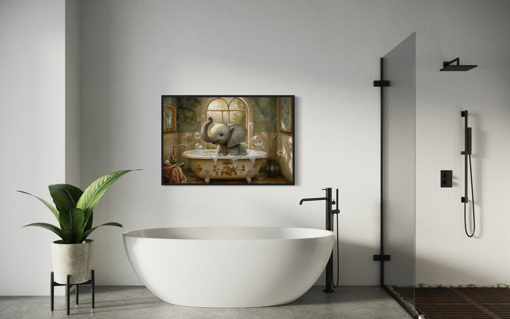 Baby Elephant in a Bathtub Framed Canvas Wall Art in bathroom