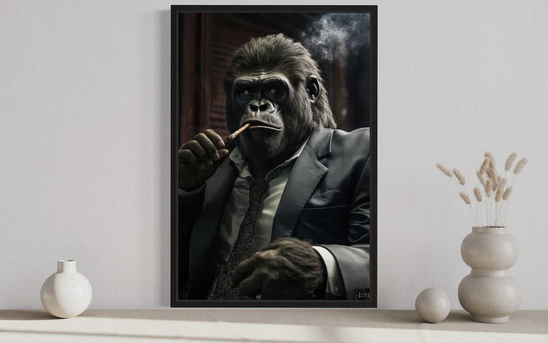 Gangster Gorilla Smoking Cigar Framed Canvas Wall Art close up