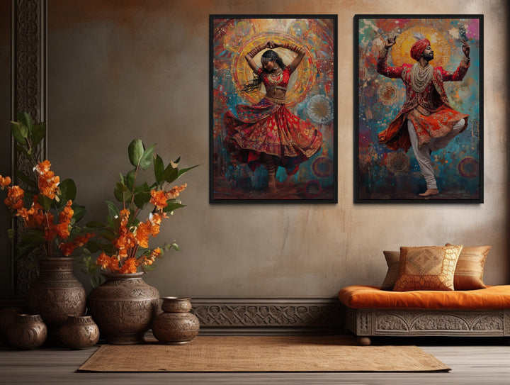 2 Piece Indian Man And Woman Dancing Framed Canvas Wall Art in an Indian room with a couch