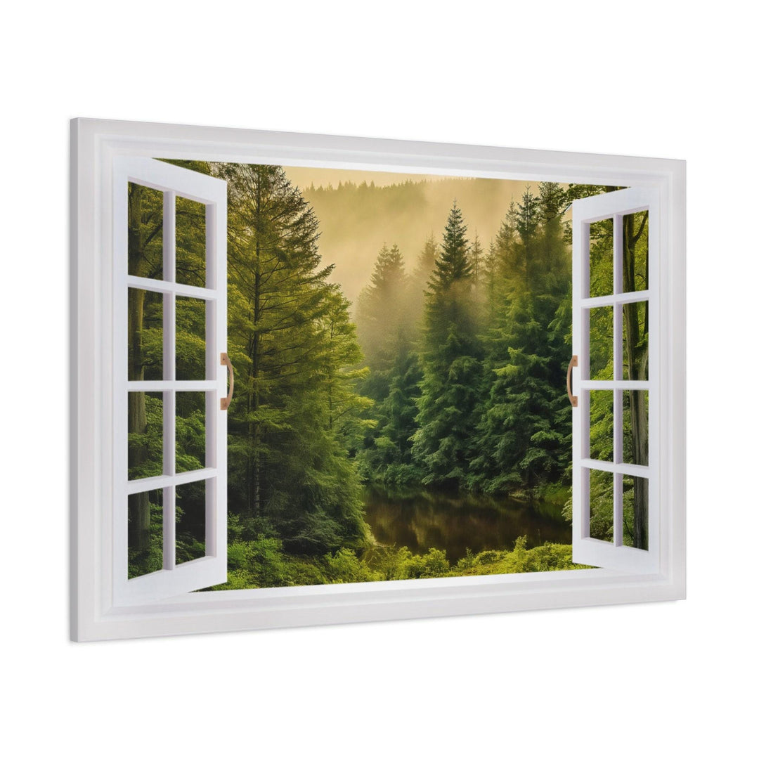 Fake window wall art showing a foggy pine forest and river through an open white window frame.