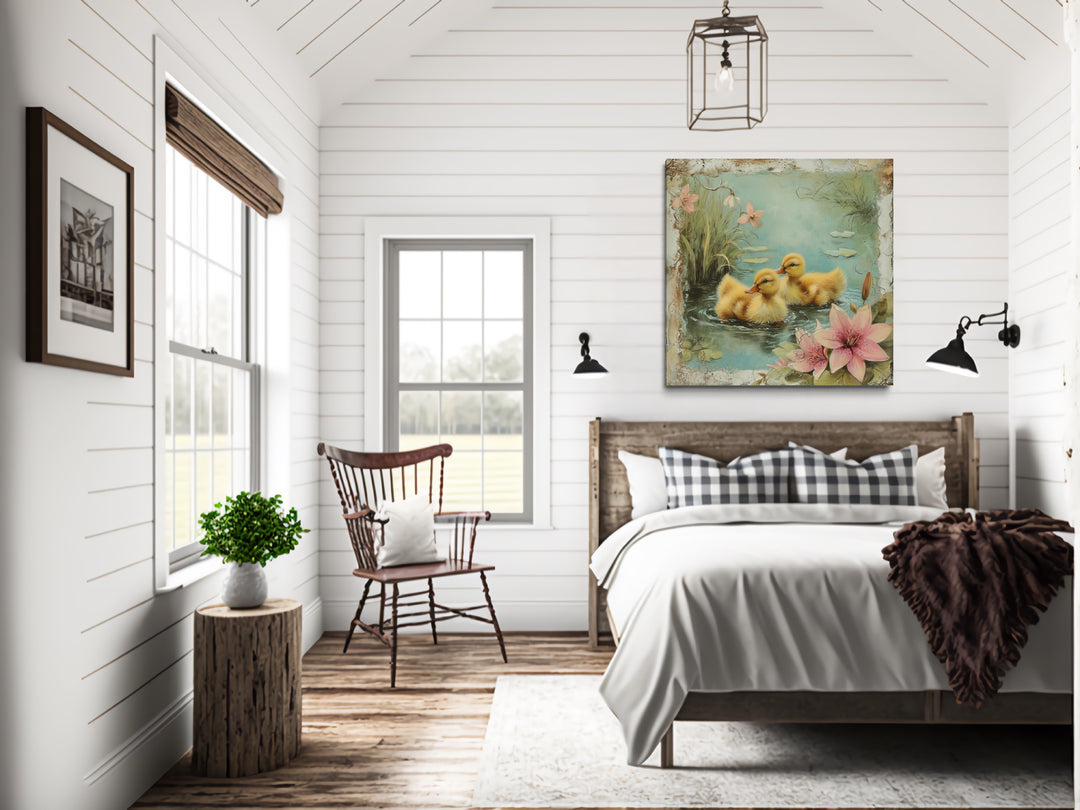 a bedroom with a bed, chair and a painting on the wall