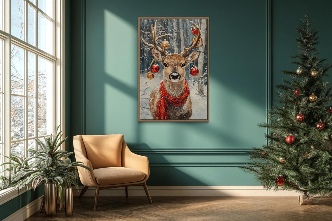 Christmas Reindeer With Red Scarf And Ornaments Canvas Wall Art