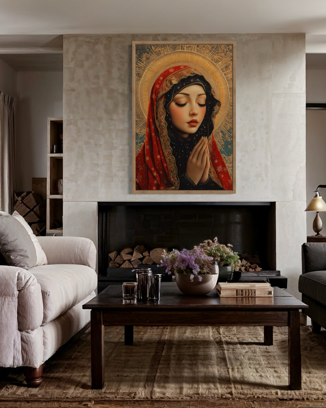 Blessed Virgin Mary Modern Icon Framed Christian Canvas Wall Art above mantel