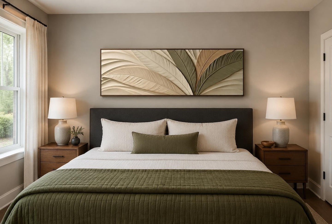 Sculptural Palm Leaf Canvas Print in Warm Cream, Olive, and Tan Tones Above Bed Decor