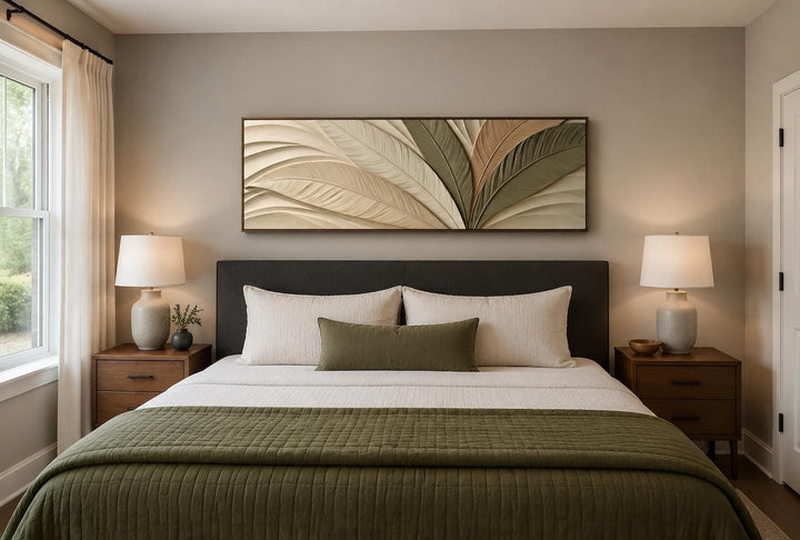 Sculptural Palm Leaf Canvas Print in Warm Cream, Olive, and Tan Tones Above Bed Decor