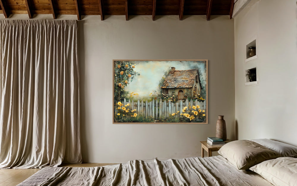 Charming Cottage Garden Rustic Floral Canvas Wall Art in a bedroom with a bed