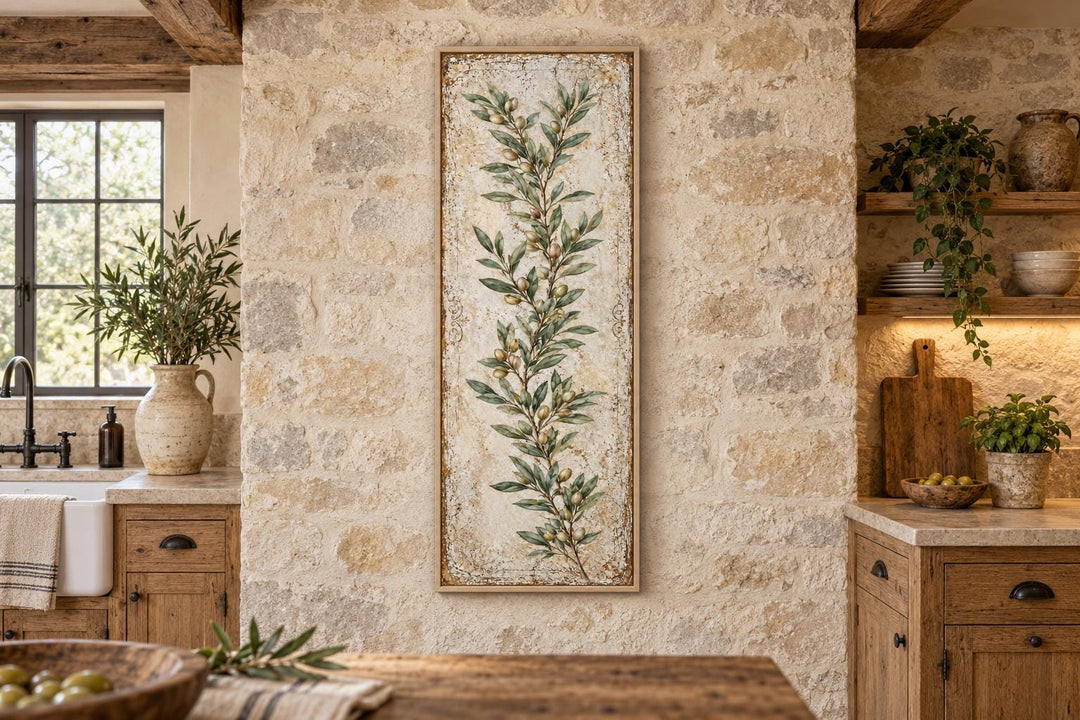 Tall vertical canvas art featuring a green olive branch on a textured, aged cream background.