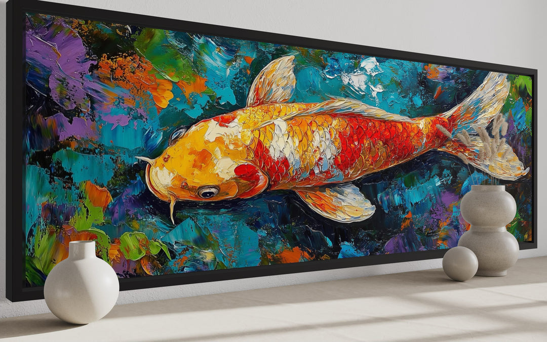 Colorful Koi Fish Long Narrow Framed Canvas Wall Art side view