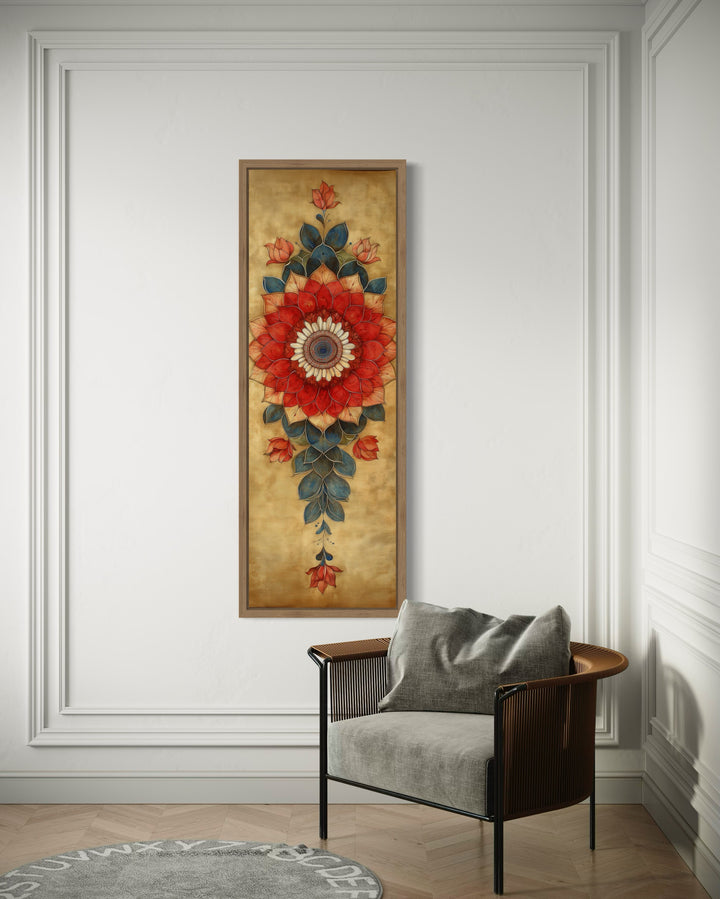 Tall Vertical Narrow Boho Floral Mandala Tapestry Framed Canvas Wall Decor side view