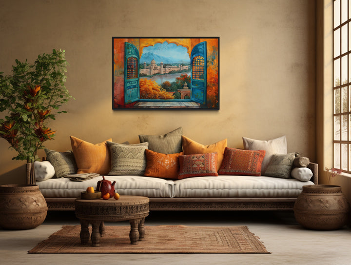 Window to India Canvas Wall Art - Vibrant Indian Grand Palace Landscape in indian living room