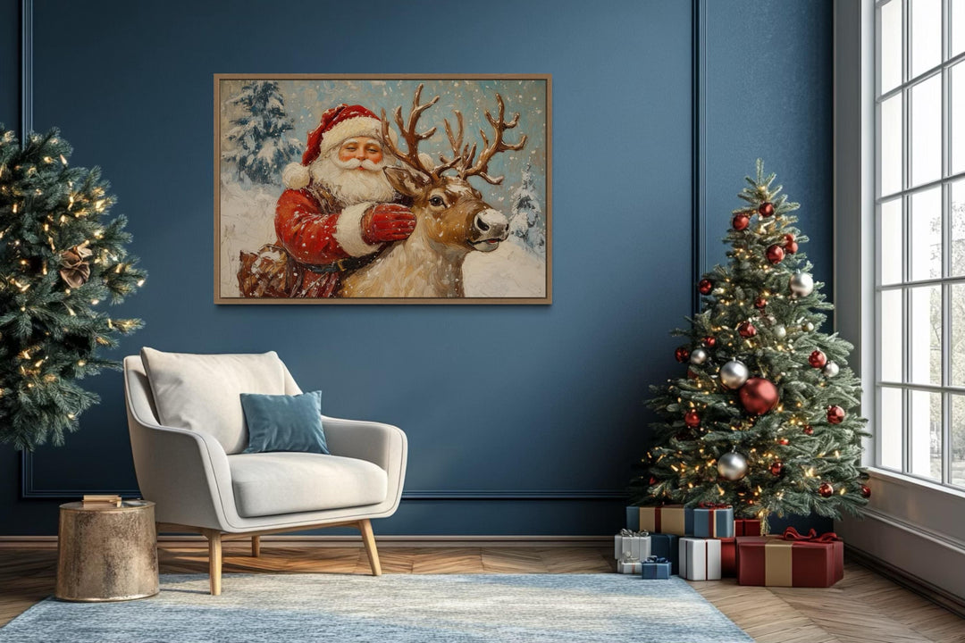 Santa Claus With Reindeer Christmas Canvas Wall Art