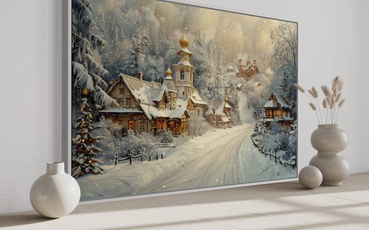 Christmas In Snowy Winter Village Framed Canvas Wall Art side view