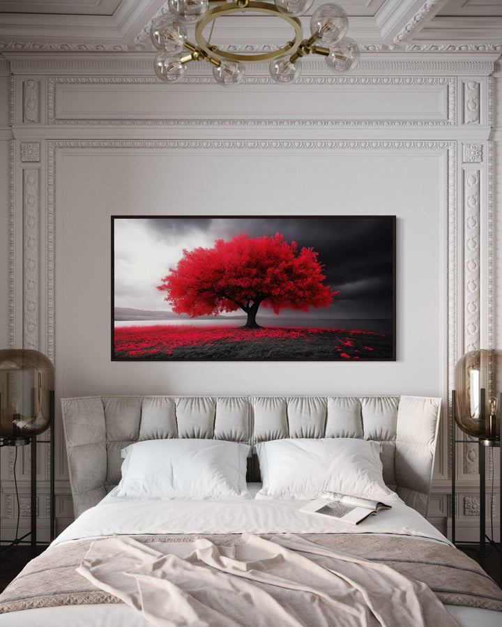 Red Tree on Black White Background Framed Canvas Wall Art above bed