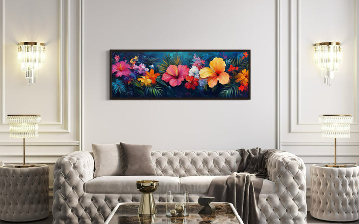 Large Colorful Flowers On Blue Background Horizontal Framed Canvas Wall Art in living room