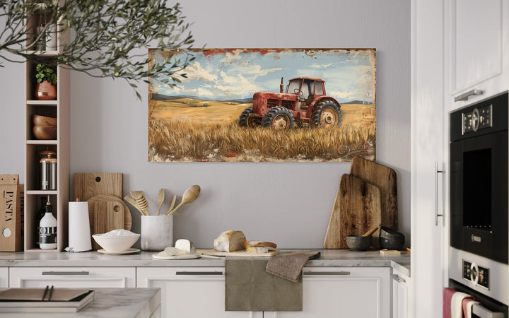 Vintage Old Red Tractor In The Wheat Field Rustic Canvas Wall Art in the kitchen