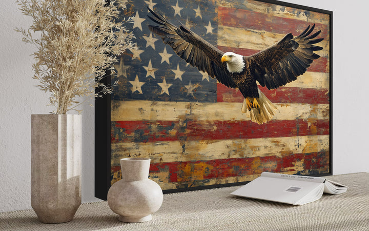 Bald Eagle And American Flag Framed Canvas Wall Art side view