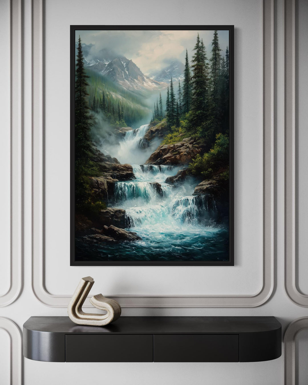 Vertical canvas wall art of a cascading mountain waterfall surrounded by pine trees and mist.